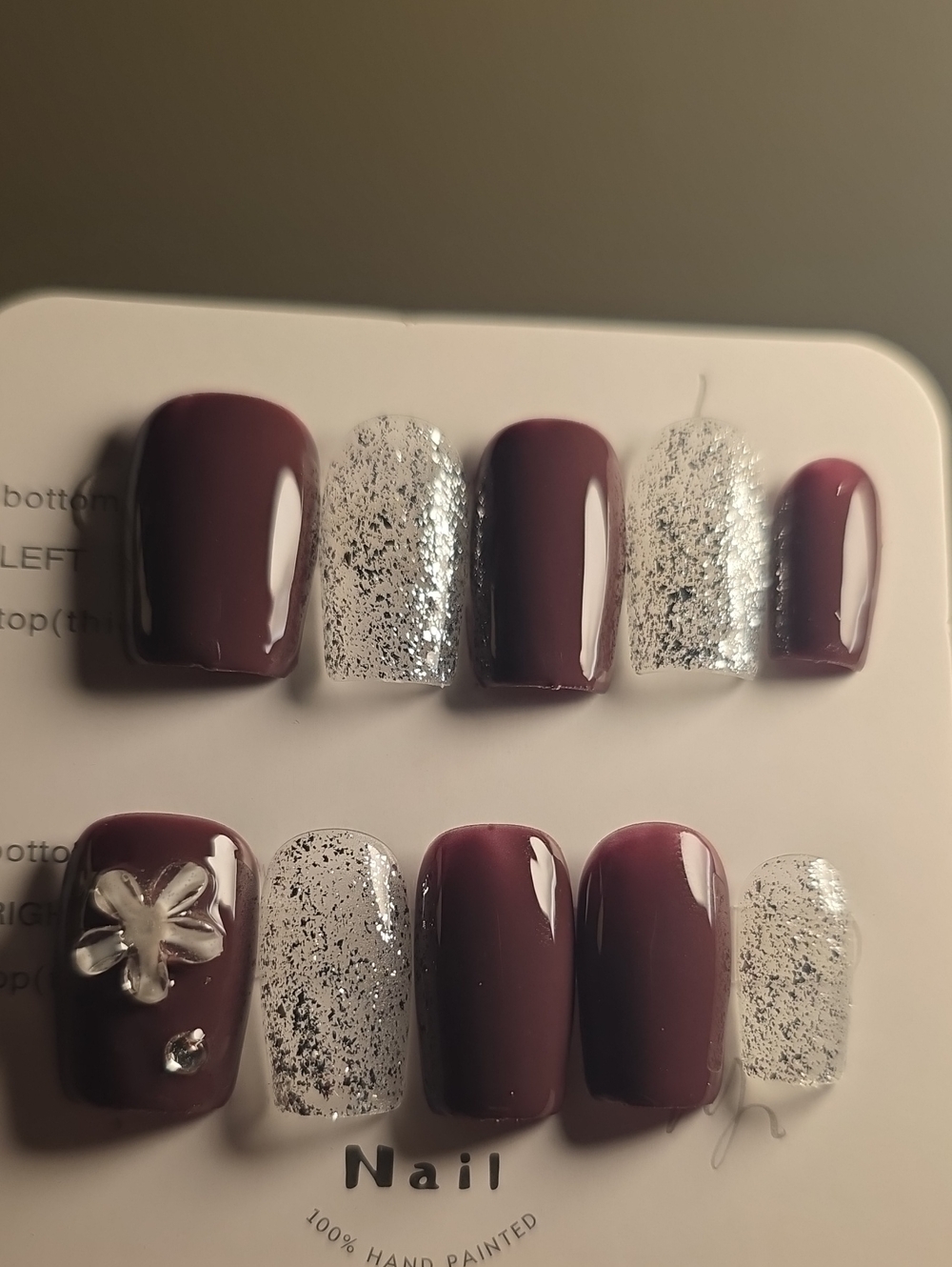 Short Plum and Silver Glitter Press-On Nail Set Size Large